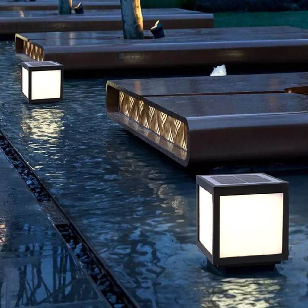 Square Pillar Light, Black Stainless Steel LED Cube Fixture for Gate Columns and Fence Posts, Solar or Hardwired in Six Sizes