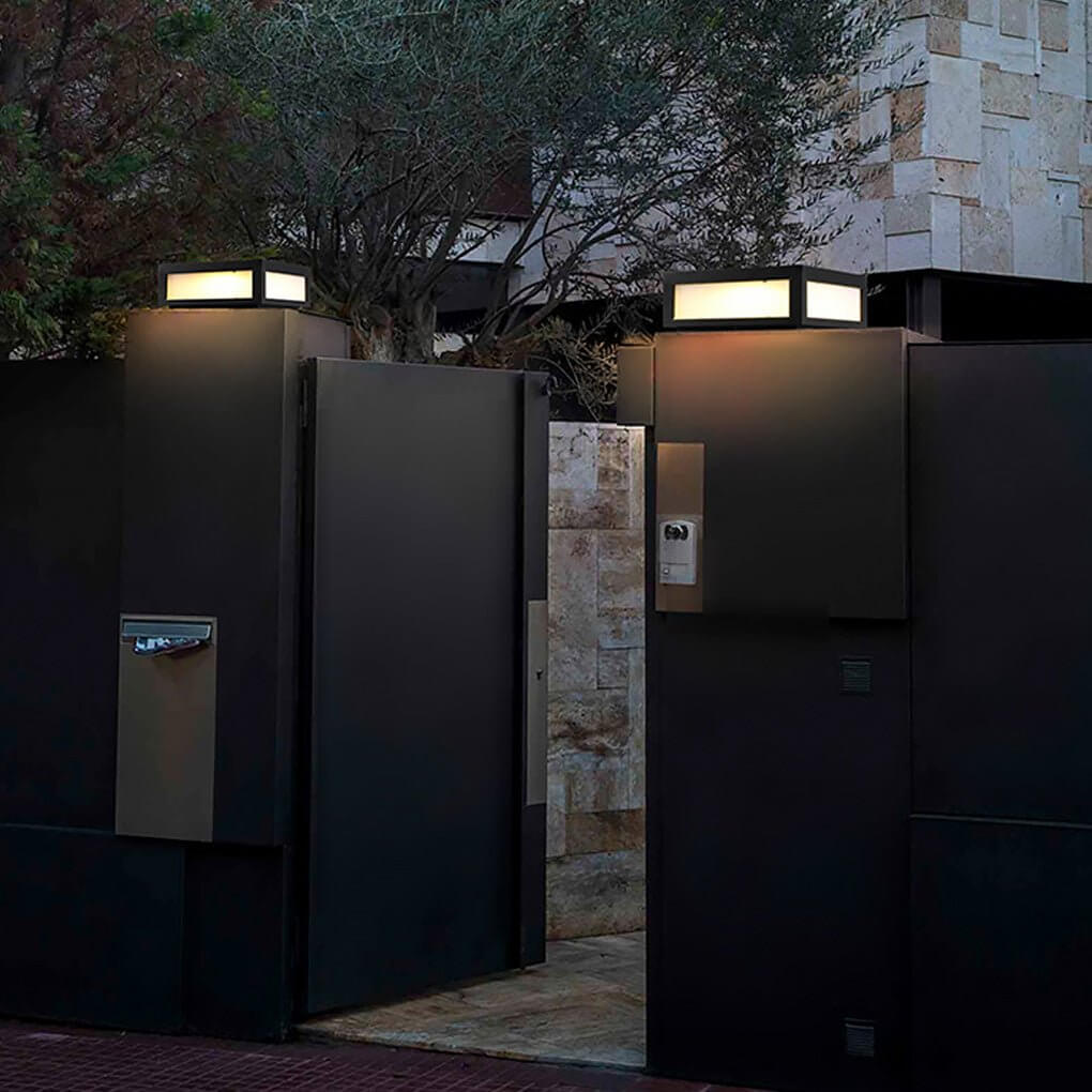 Square Pillar Light, Black Stainless Steel LED Cube Fixture for Gate Columns and Fence Posts, Solar or Hardwired in Six Sizes
