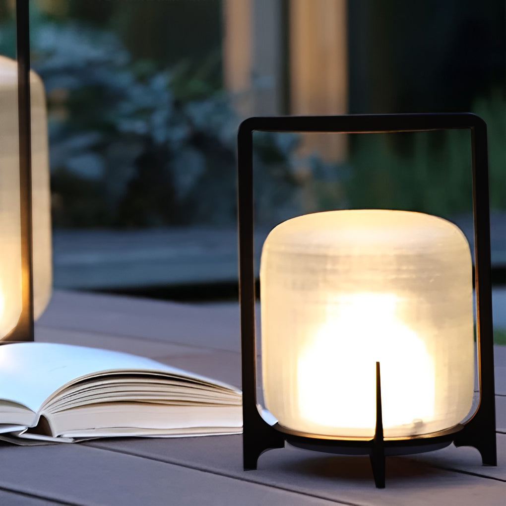 Modern Outdoor Lantern with Handle, Stainless Steel Waterproof LED Portable Light for Patio and Garden, Solar or USB Charging