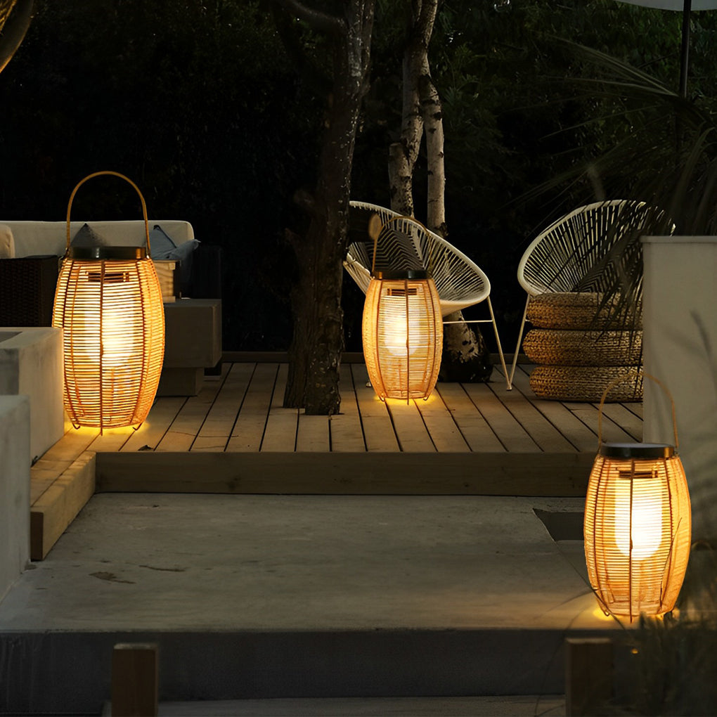 Solar Rattan Lantern, Hand-Woven Waterproof LED Outdoor Light for Patio and Garden, Up to 24-Hour Runtime