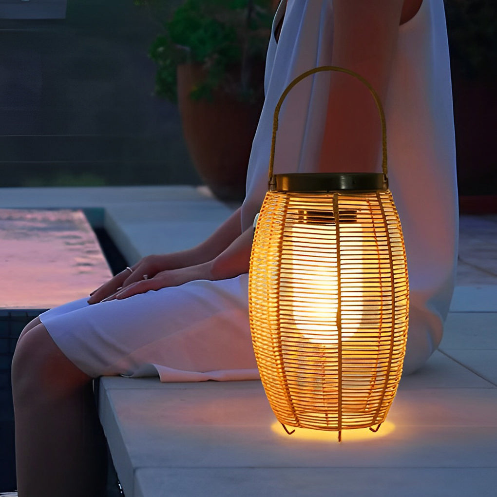 Solar Rattan Lantern, Hand-Woven Waterproof LED Outdoor Light for Patio and Garden, Up to 24-Hour Runtime