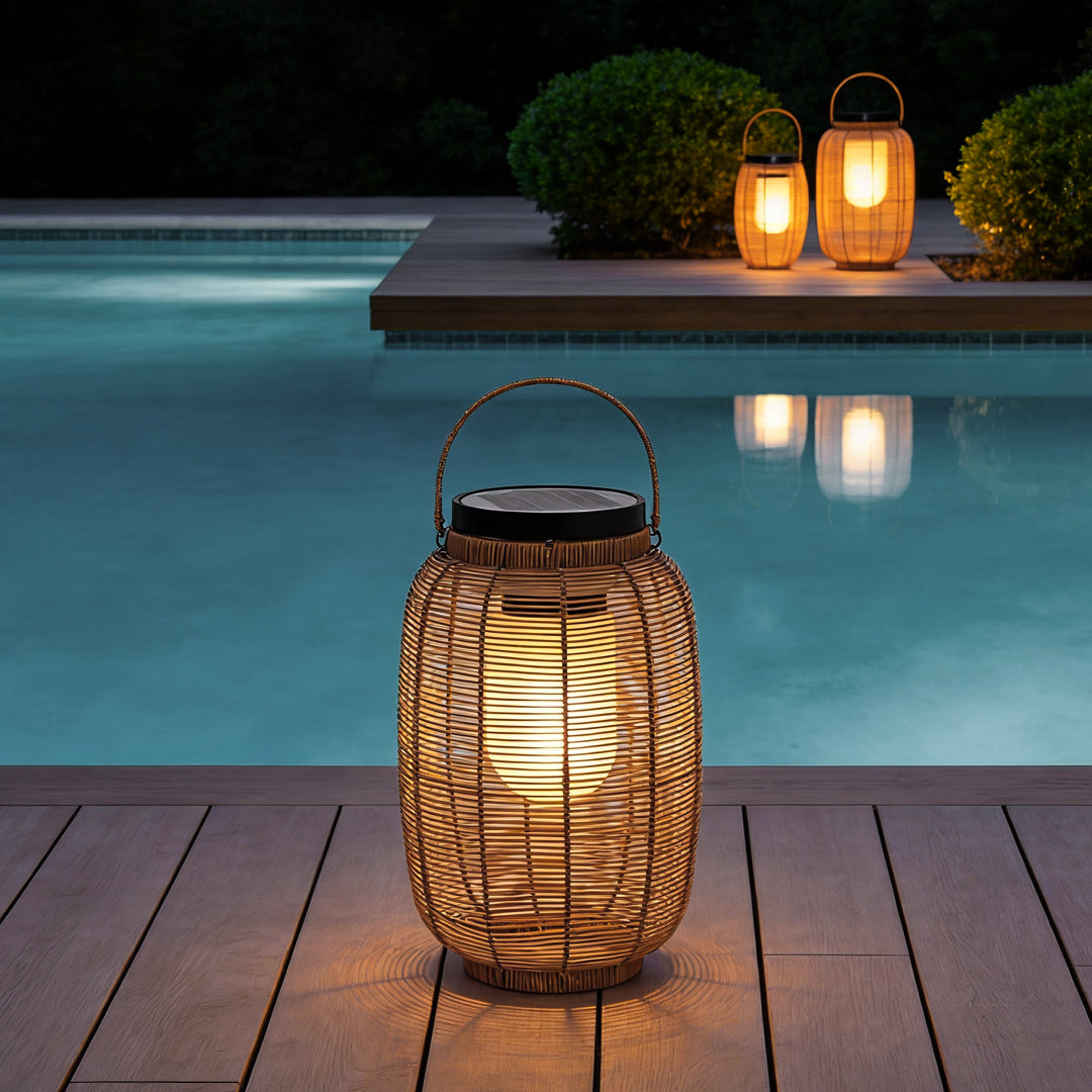 Solar Rattan Lantern, Hand-Woven Waterproof LED Outdoor Light for Patio and Garden, Up to 24-Hour Runtime