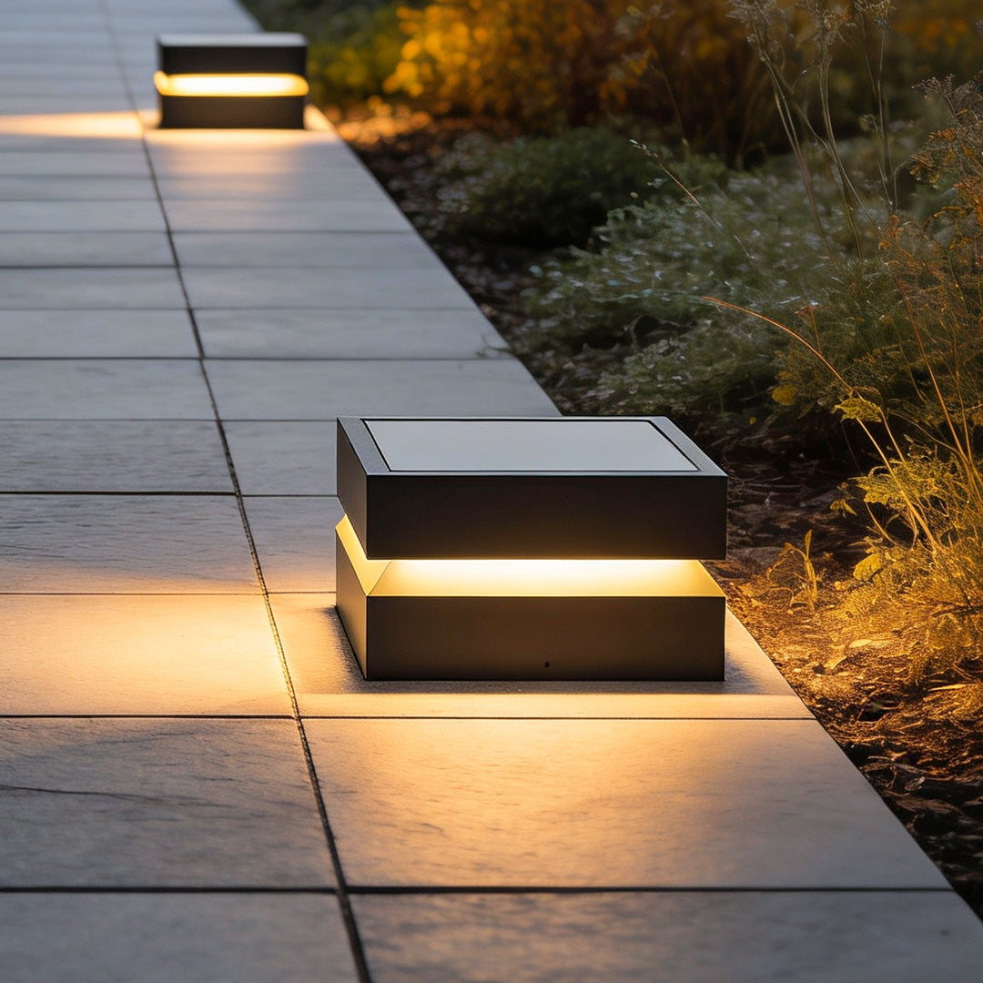 Square Deck Post Cap Light, Modern Black Stainless Steel Solar or Hardwired Column Light for Decks and Piers, Three Widths