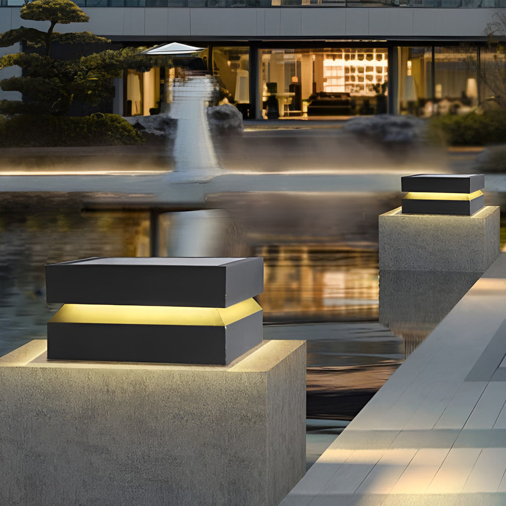 Square Deck Post Cap Light, Modern Black Stainless Steel Solar or Hardwired Column Light for Decks and Piers, Three Widths
