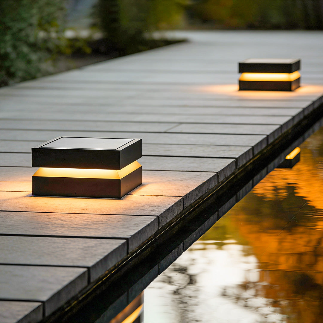 Square Deck Post Cap Light, Modern Black Stainless Steel Solar or Hardwired Column Light for Decks and Piers, Three Widths