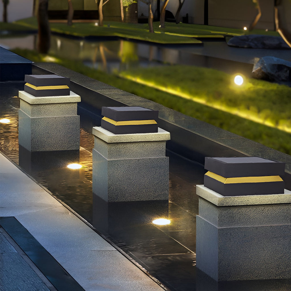 Square Deck Post Cap Light, Modern Black Stainless Steel Solar or Hardwired Column Light for Decks and Piers, Three Widths