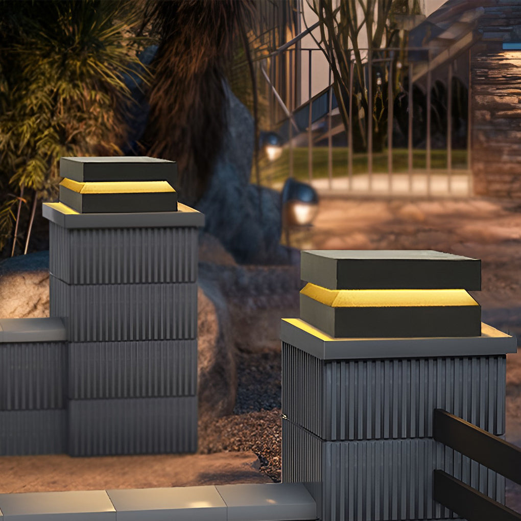 Square Deck Post Cap Light, Modern Black Stainless Steel Solar or Hardwired Column Light for Decks and Piers, Three Widths