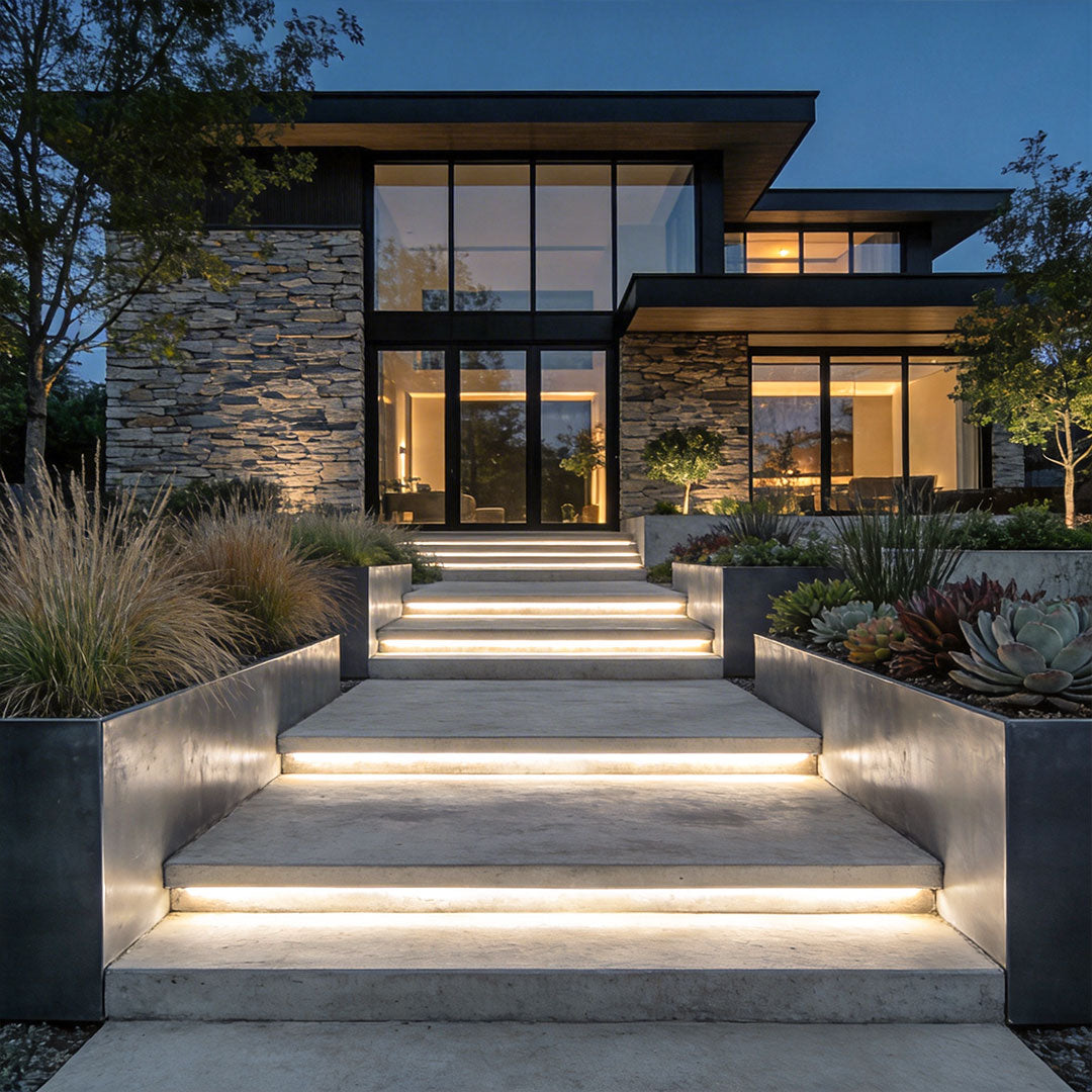 Silicone LED strip lighting the edges of concrete entry steps