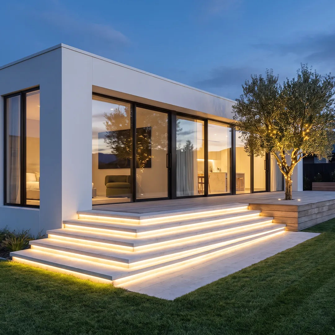 LED tape running along the steps of a modern home