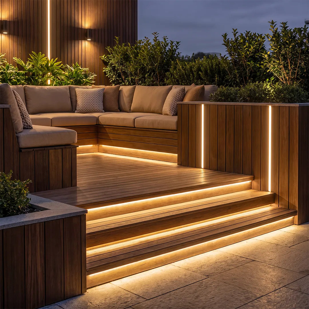 Stair strip lighting on steps beside patio seating