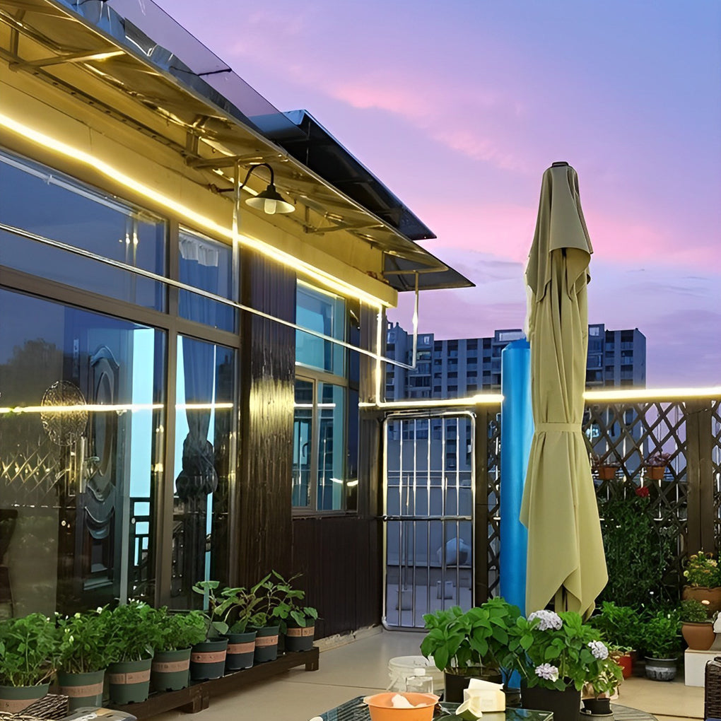 Soft strip illumination on a rooftop garden staircase