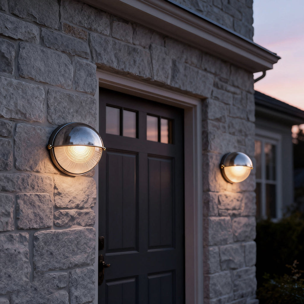 Oval bulkhead light installed beside a front door