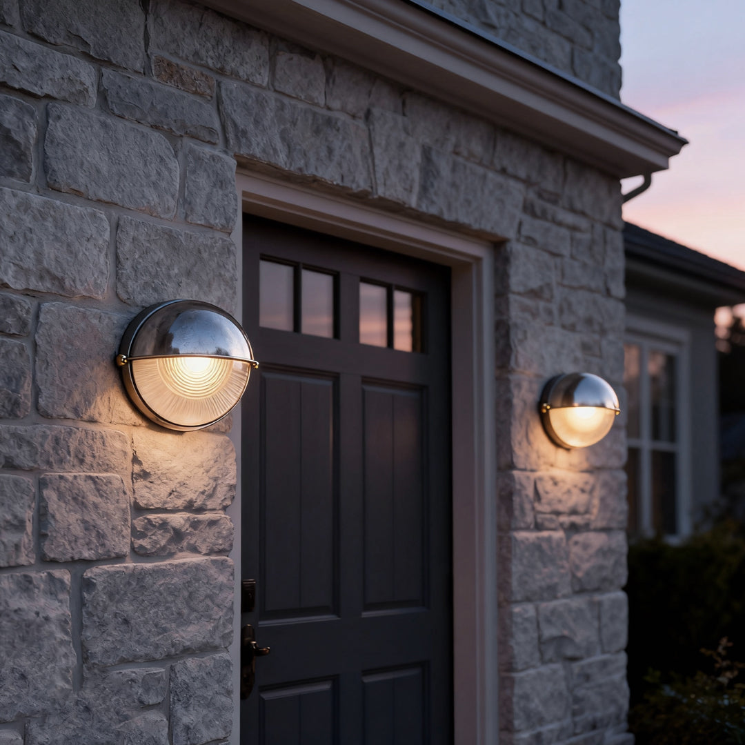 Oval bulkhead light installed beside a front door