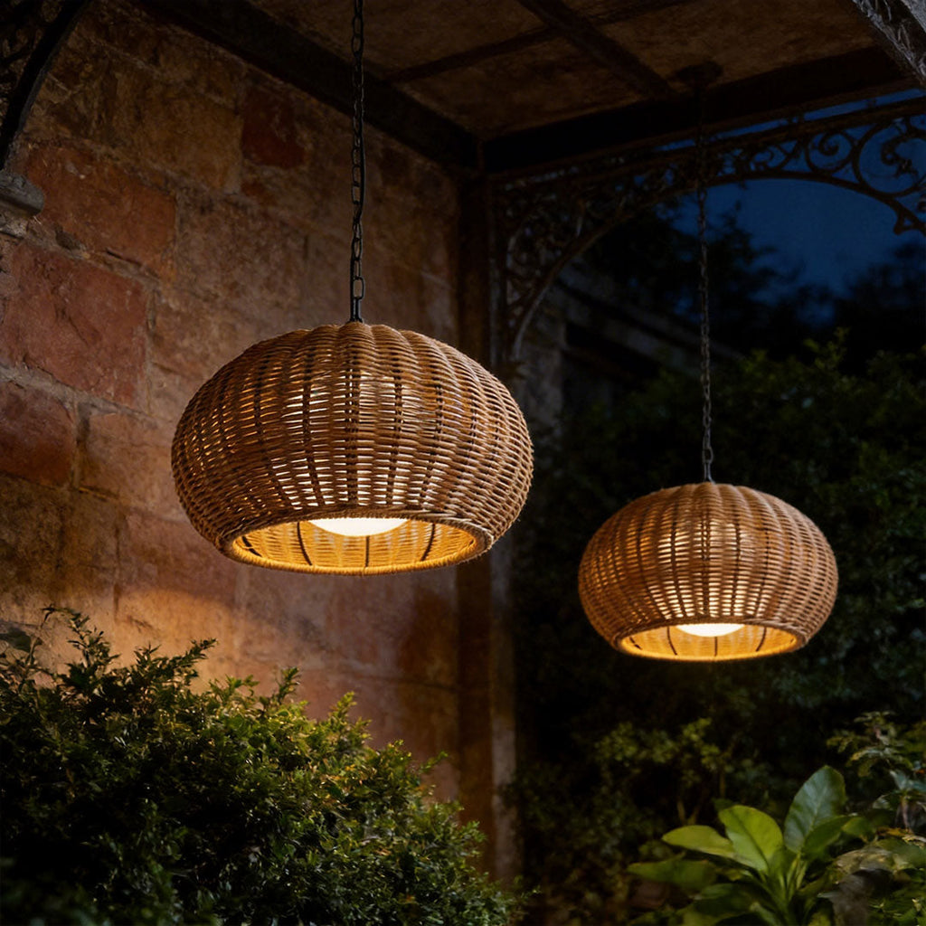 Rattan Outdoor Pendant Light, Woven Bohemian Hanging Lantern for Patios and Porches, Weather-Resistant Warm LED Glow