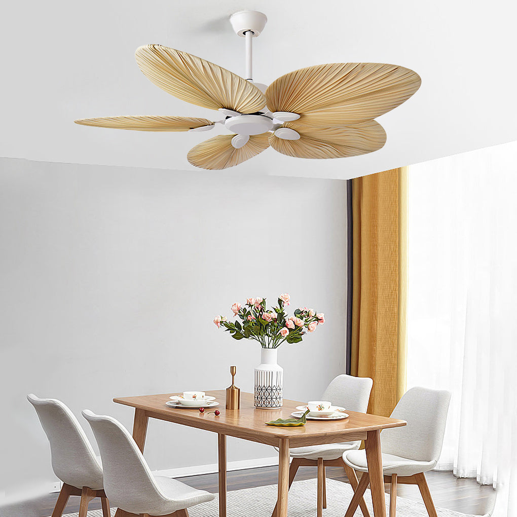 Palm Frond Ceiling Fan, Natural Palm Leaf Blade Fan with Iron Frame for Coastal and Tropical Interiors, Silent Copper Motor