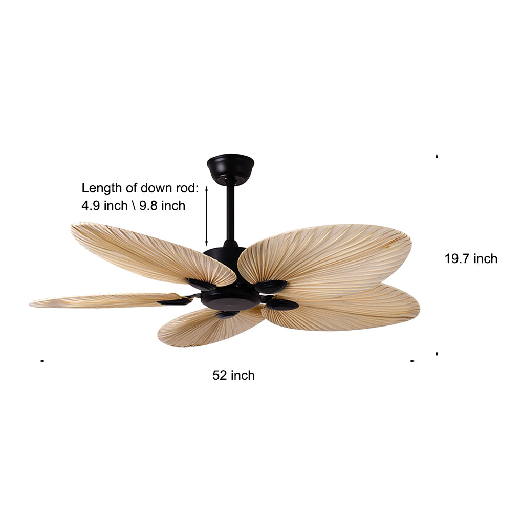 Palm Frond Ceiling Fan, Natural Palm Leaf Blade Fan with Iron Frame for Coastal and Tropical Interiors, Silent Copper Motor