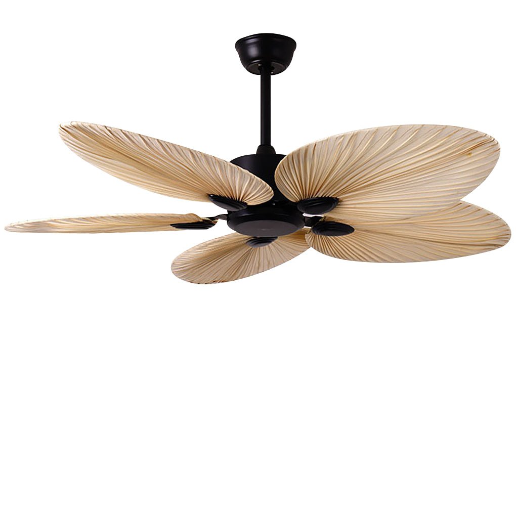 Palm frond ceiling fan, side view of the blades