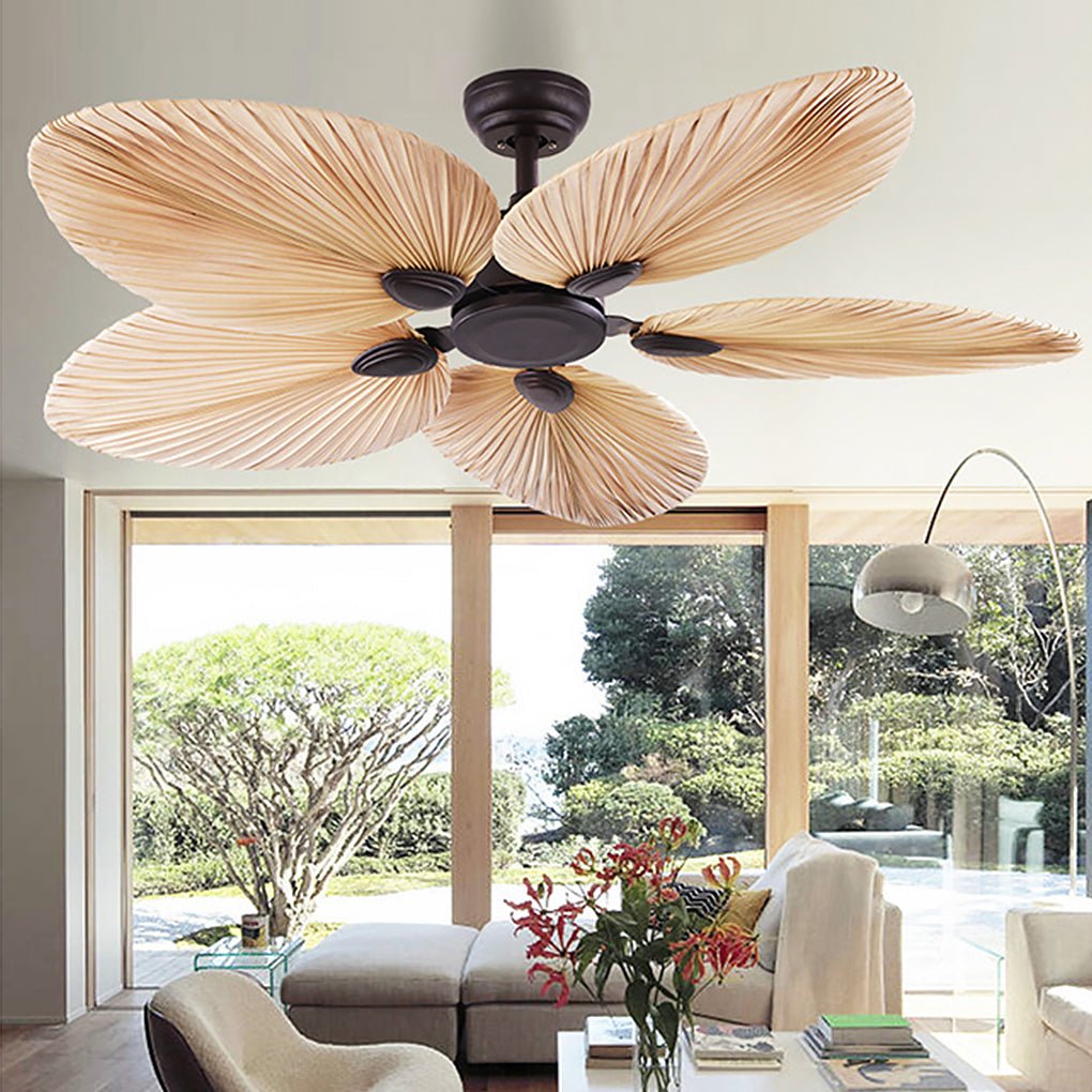 Palm Frond Ceiling Fan, Natural Palm Leaf Blade Fan with Iron Frame for Coastal and Tropical Interiors, Silent Copper Motor