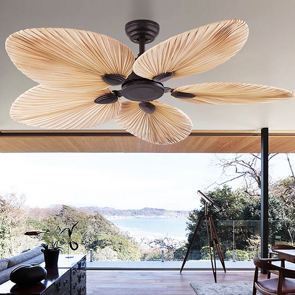 Palm Frond Ceiling Fan, Natural Palm Leaf Blade Fan with Iron Frame for Coastal and Tropical Interiors, Silent Copper Motor