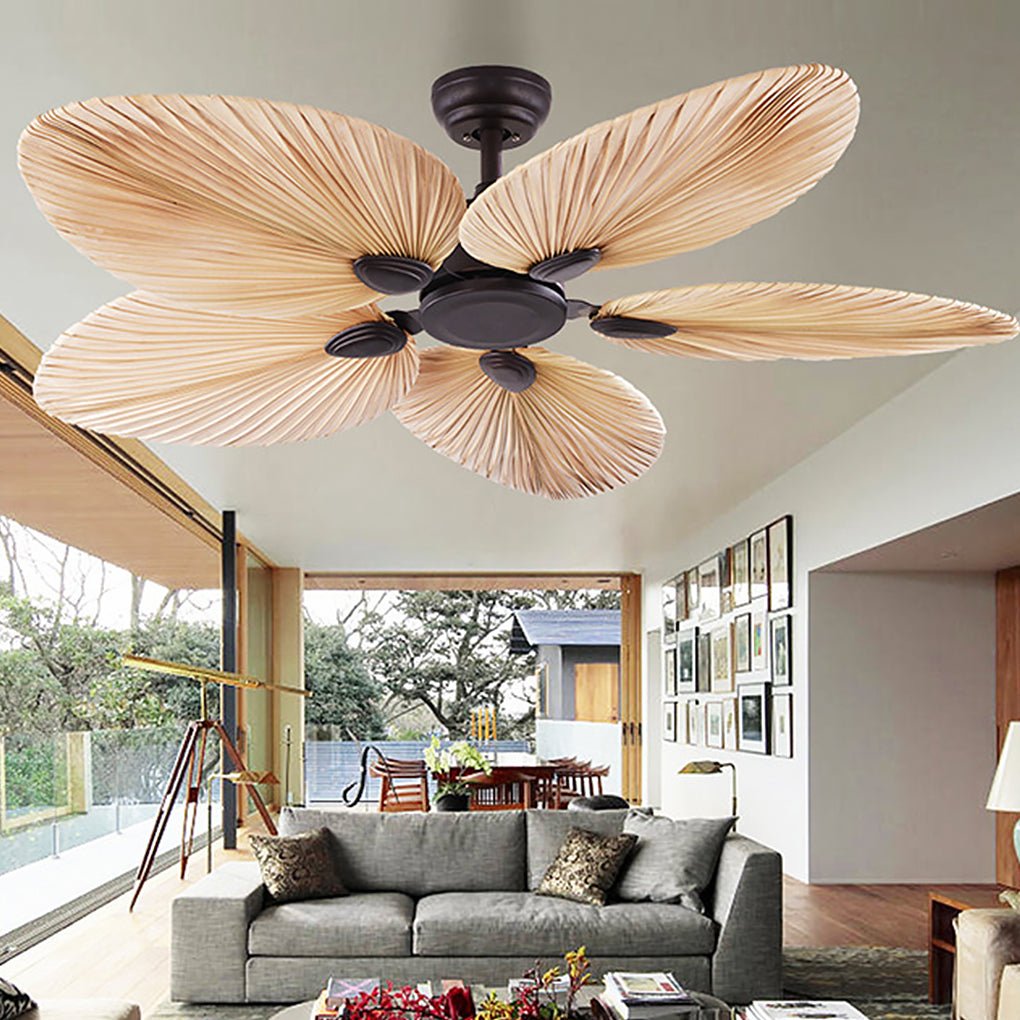 Palm Frond Ceiling Fan, Natural Palm Leaf Blade Fan with Iron Frame for Coastal and Tropical Interiors, Silent Copper Motor