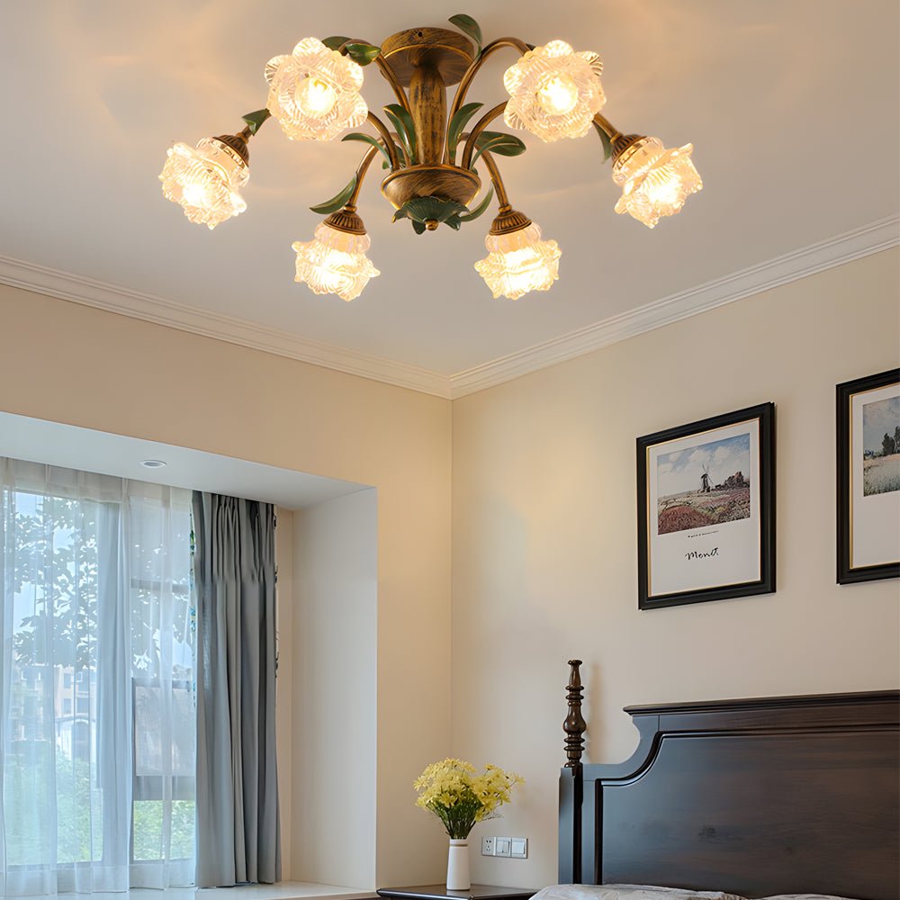 Iron and glass flower ceiling light fixture, main product view