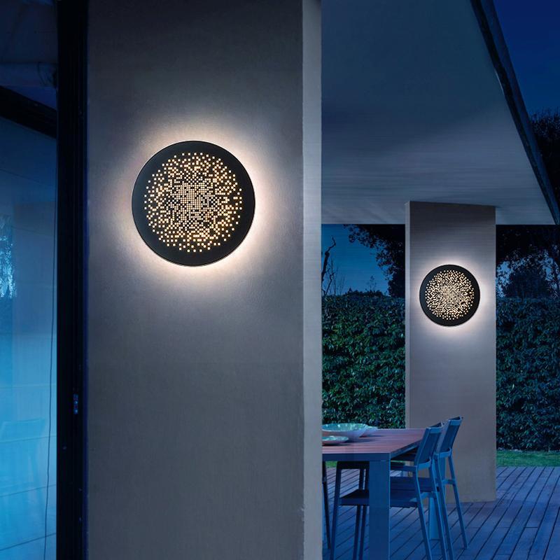Perforated Wall Sconce, Round Black Stainless Steel Waterproof LED Light for Outdoor and Entry Walls, Base-Free Mounting in Two Sizes