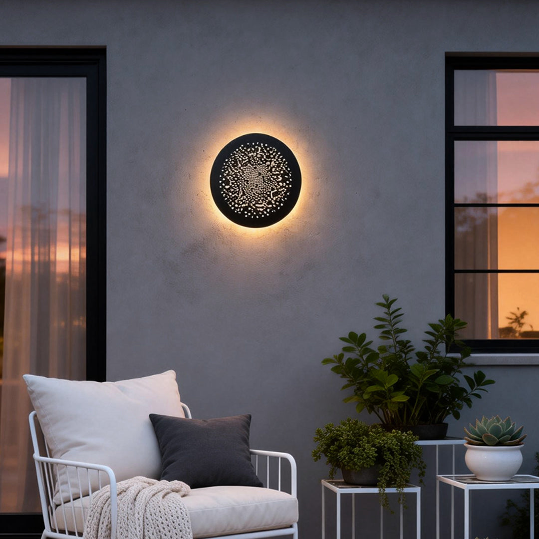 Perforated Wall Sconce, Round Black Stainless Steel Waterproof LED Light for Outdoor and Entry Walls, Base-Free Mounting in Two Sizes