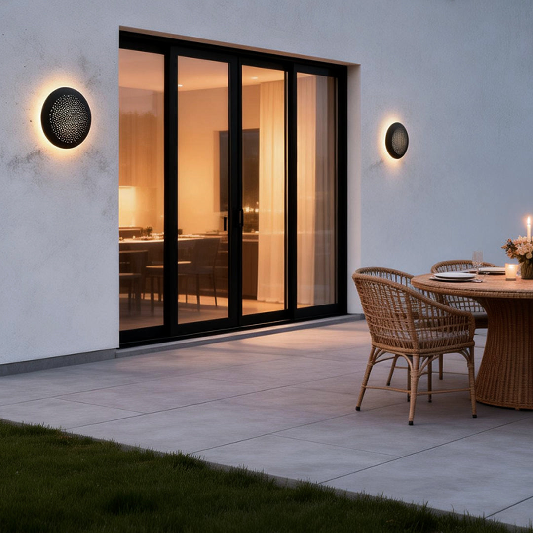 Perforated Wall Sconce, Round Black Stainless Steel Waterproof LED Light for Outdoor and Entry Walls, Base-Free Mounting in Two Sizes