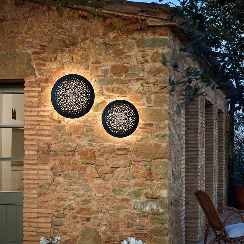 Perforated Wall Sconce, Round Black Stainless Steel Waterproof LED Light for Outdoor and Entry Walls, Base-Free Mounting in Two Sizes