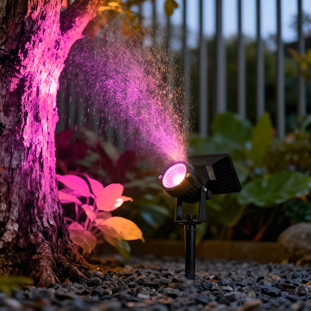 Solar Ground Spike Light, Adjustable LED RGB Spotlight for Trees, Gardens, and Landscape Beds, IP65 with 12-Hour Battery Runtime