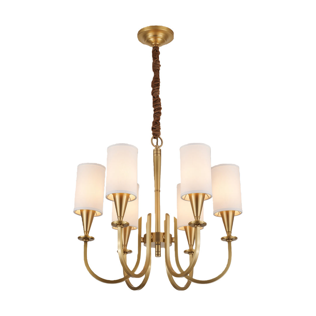 Polished brass curved arms with cylindrical fabric shades
