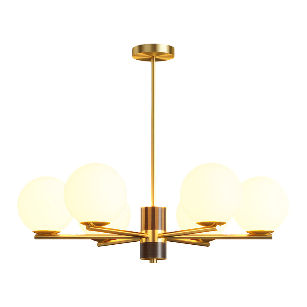 Polished brass chandelier with opal glass spheres