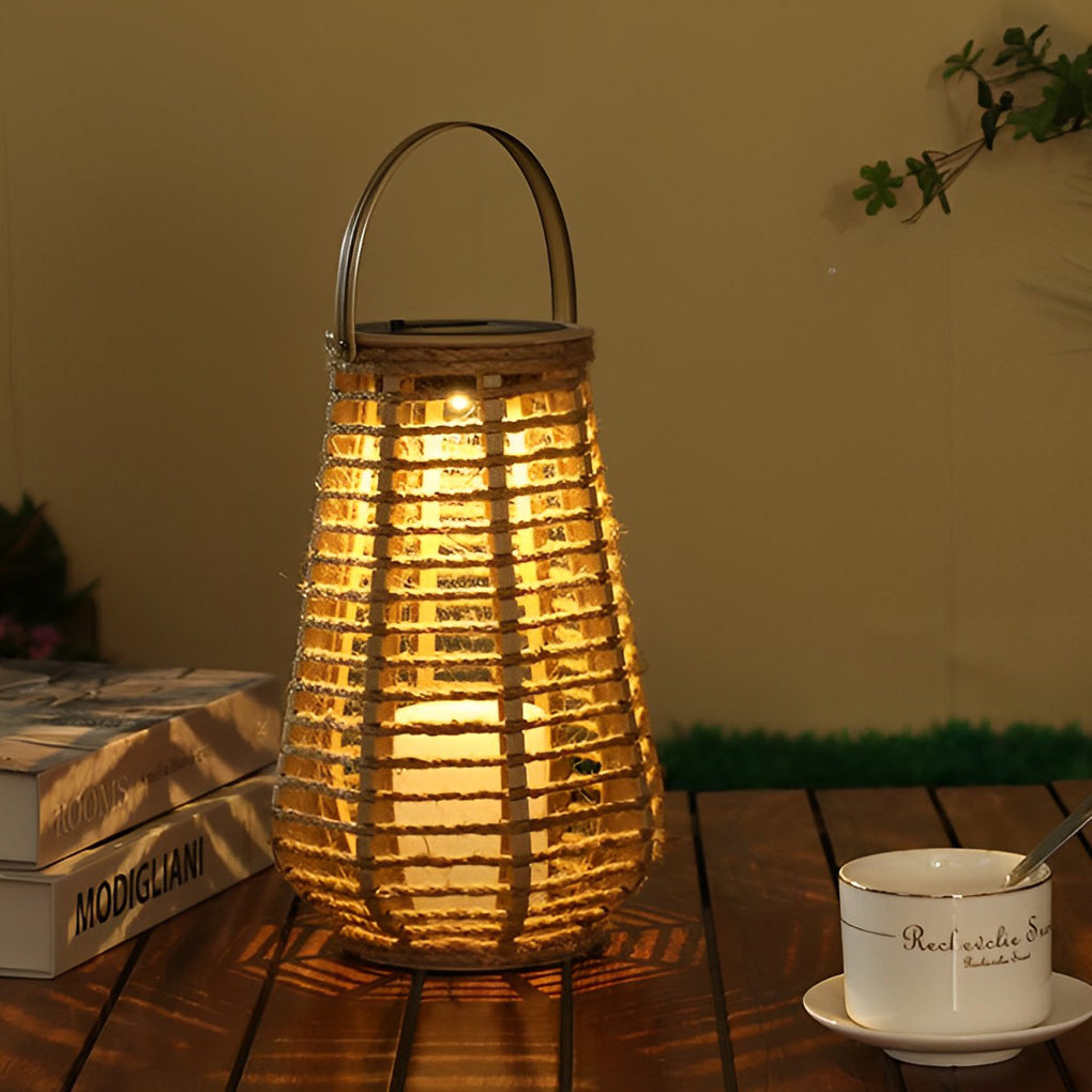 Solar Hanging Lantern, Woven Rattan-Style Waterproof LED Portable Light with Rope Handle for Patio and Garden Evenings