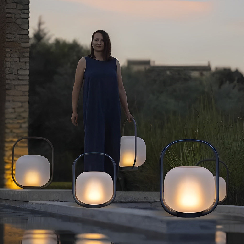 Portable Solar Lantern, Stainless Steel Rechargeable LED Handle Lamp for Gardens and Terraces, Waterproof Soft-Glow Design
