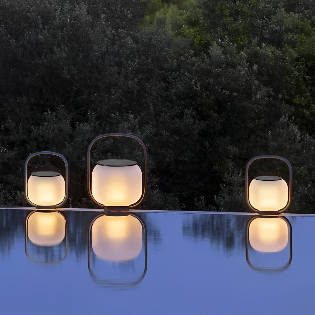 Portable Solar Lantern, Stainless Steel Rechargeable LED Handle Lamp for Gardens and Terraces, Waterproof Soft-Glow Design