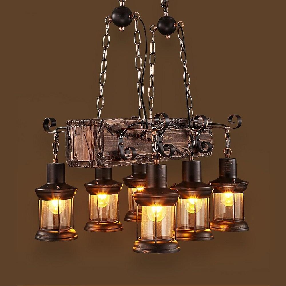 Lantern Chandelier, Wood and Glass 6-Light Farmhouse Ceiling Light for Dining Room, Antique Brass