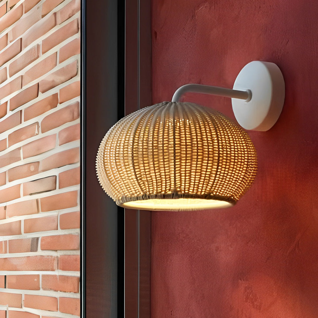 Rattan Outdoor Pendant Light, Woven Bohemian Hanging Lantern for Patios and Porches, Weather-Resistant Warm LED Glow