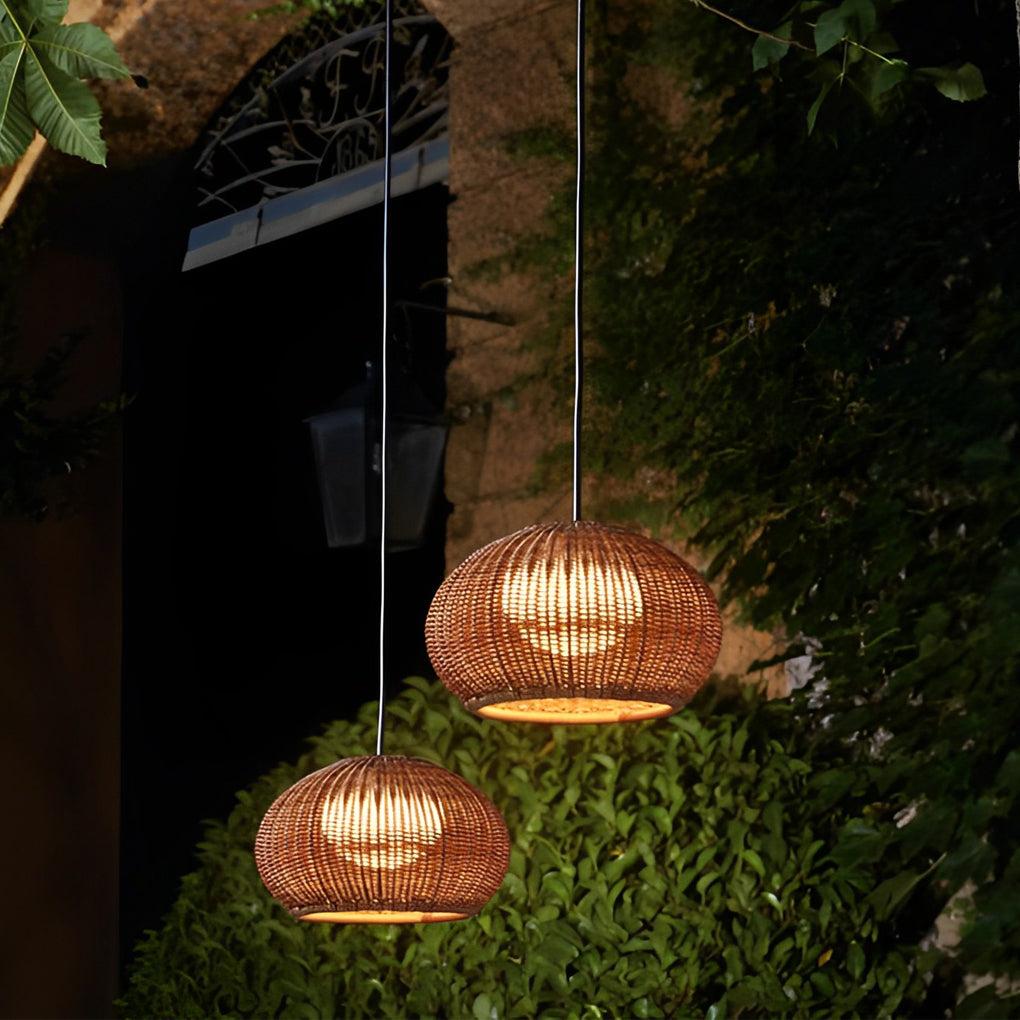 Rattan Outdoor Pendant Light, Woven Bohemian Hanging Lantern for Patios and Porches, Weather-Resistant Warm LED Glow