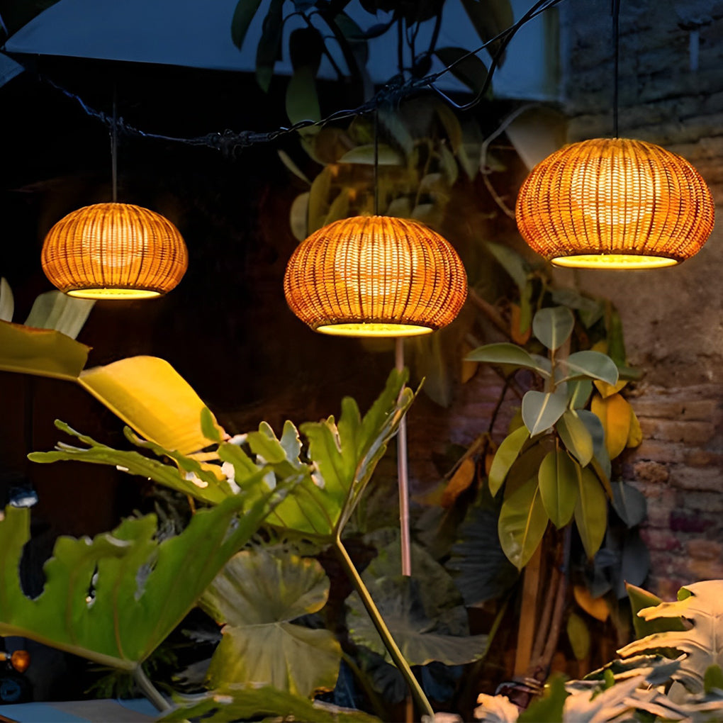 Rattan Outdoor Pendant Light, Woven Bohemian Hanging Lantern for Patios and Porches, Weather-Resistant Warm LED Glow