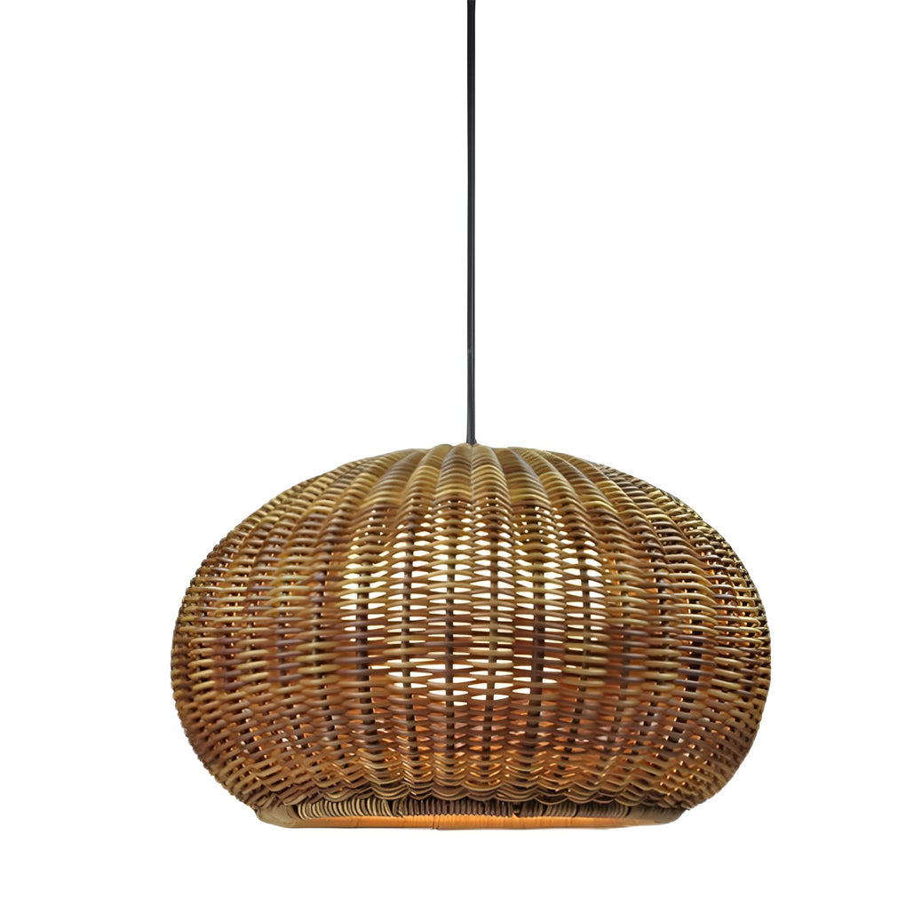 Rattan Outdoor Pendant Light, Woven Bohemian Hanging Lantern for Patios and Porches, Weather-Resistant Warm LED Glow