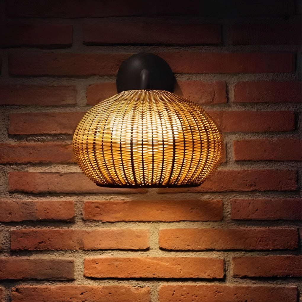 Rattan Outdoor Pendant Light, Woven Bohemian Hanging Lantern for Patios and Porches, Weather-Resistant Warm LED Glow