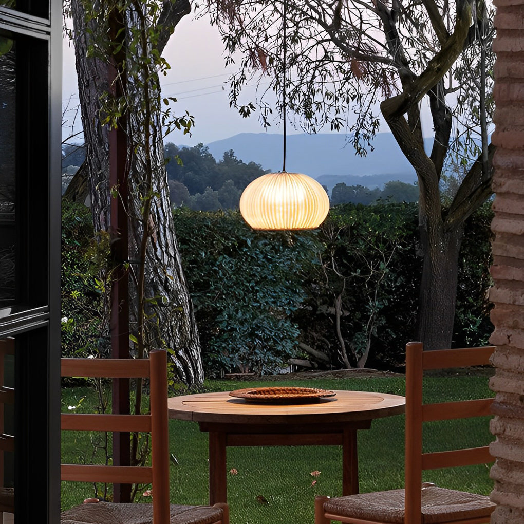 Rattan Outdoor Pendant Light, Woven Bohemian Hanging Lantern for Patios and Porches, Weather-Resistant Warm LED Glow