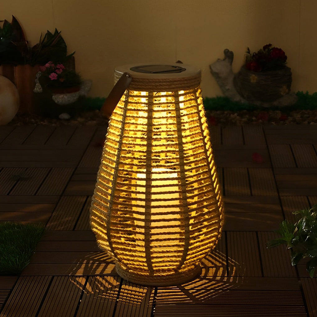 Solar Hanging Lantern, Woven Rattan-Style Waterproof LED Portable Light with Rope Handle for Patio and Garden Evenings