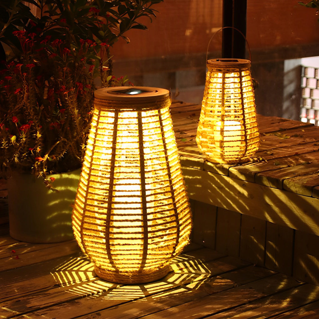 Solar Hanging Lantern, Woven Rattan-Style Waterproof LED Portable Light with Rope Handle for Patio and Garden Evenings