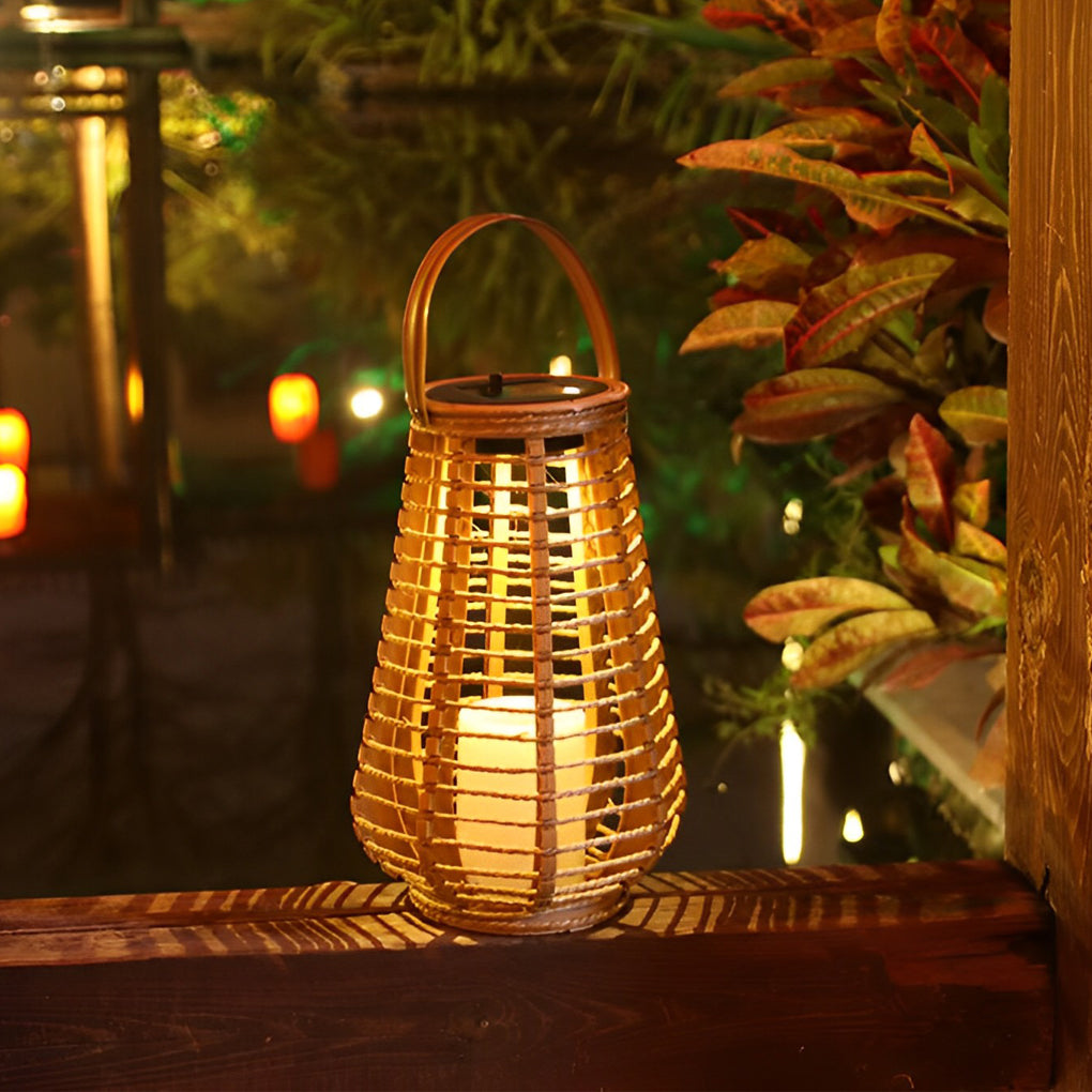 Solar Hanging Lantern, Woven Rattan-Style Waterproof LED Portable Light with Rope Handle for Patio and Garden Evenings