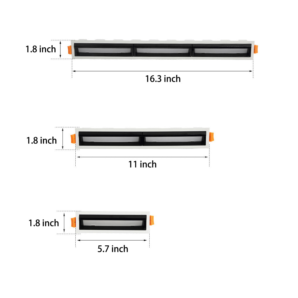 Size and dimension chart for the recessed linear fixture