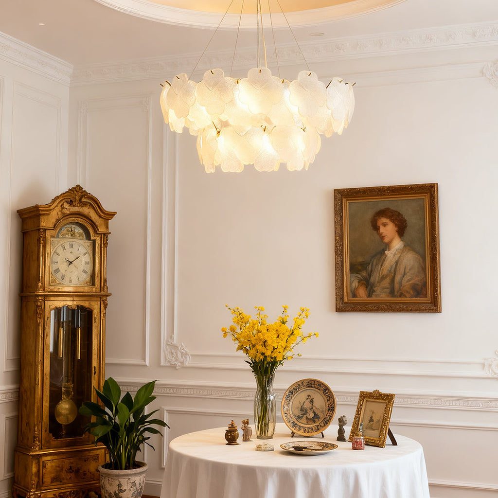 Rectangular artistic glass chandelier with a gold frame