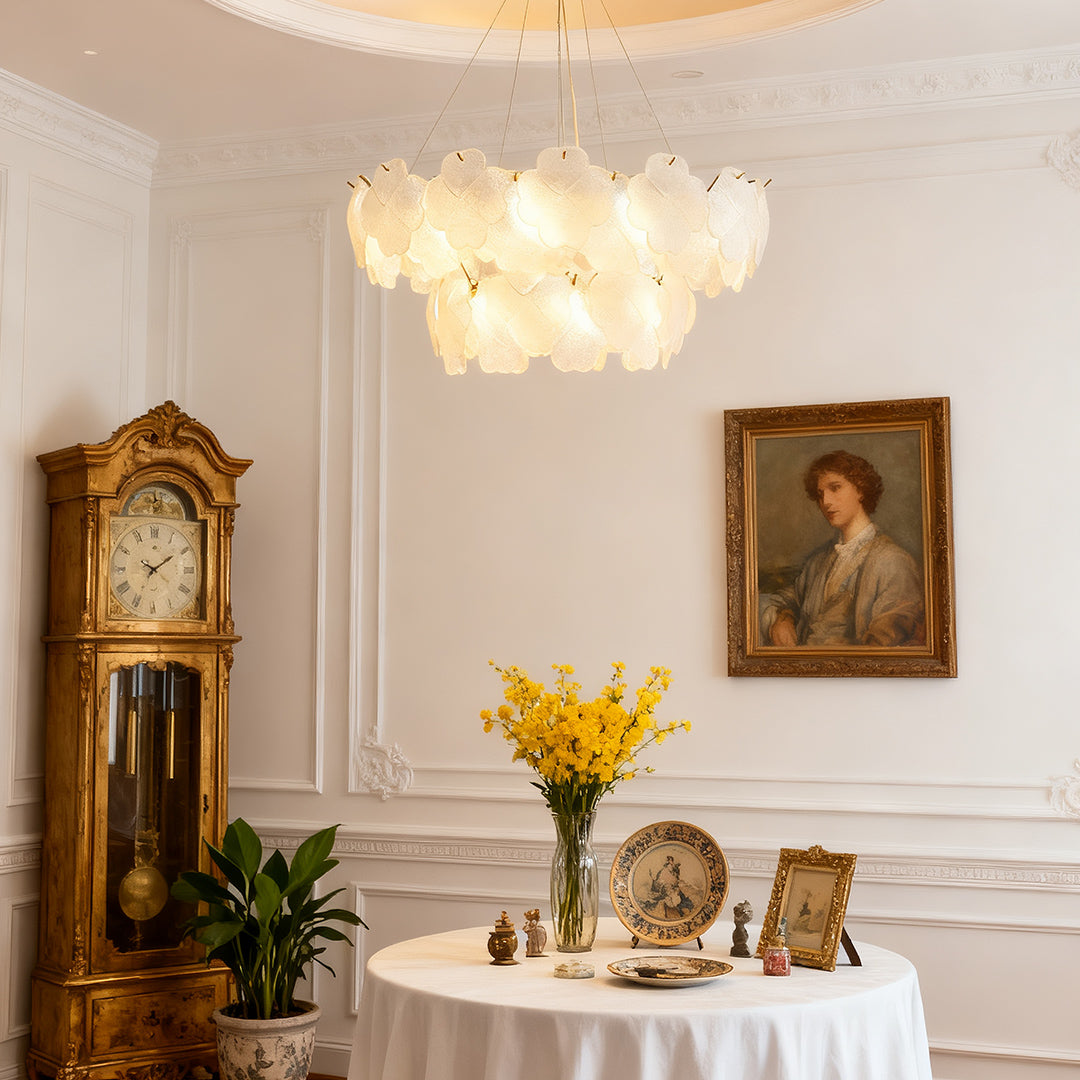 Rectangular artistic glass chandelier with a gold frame