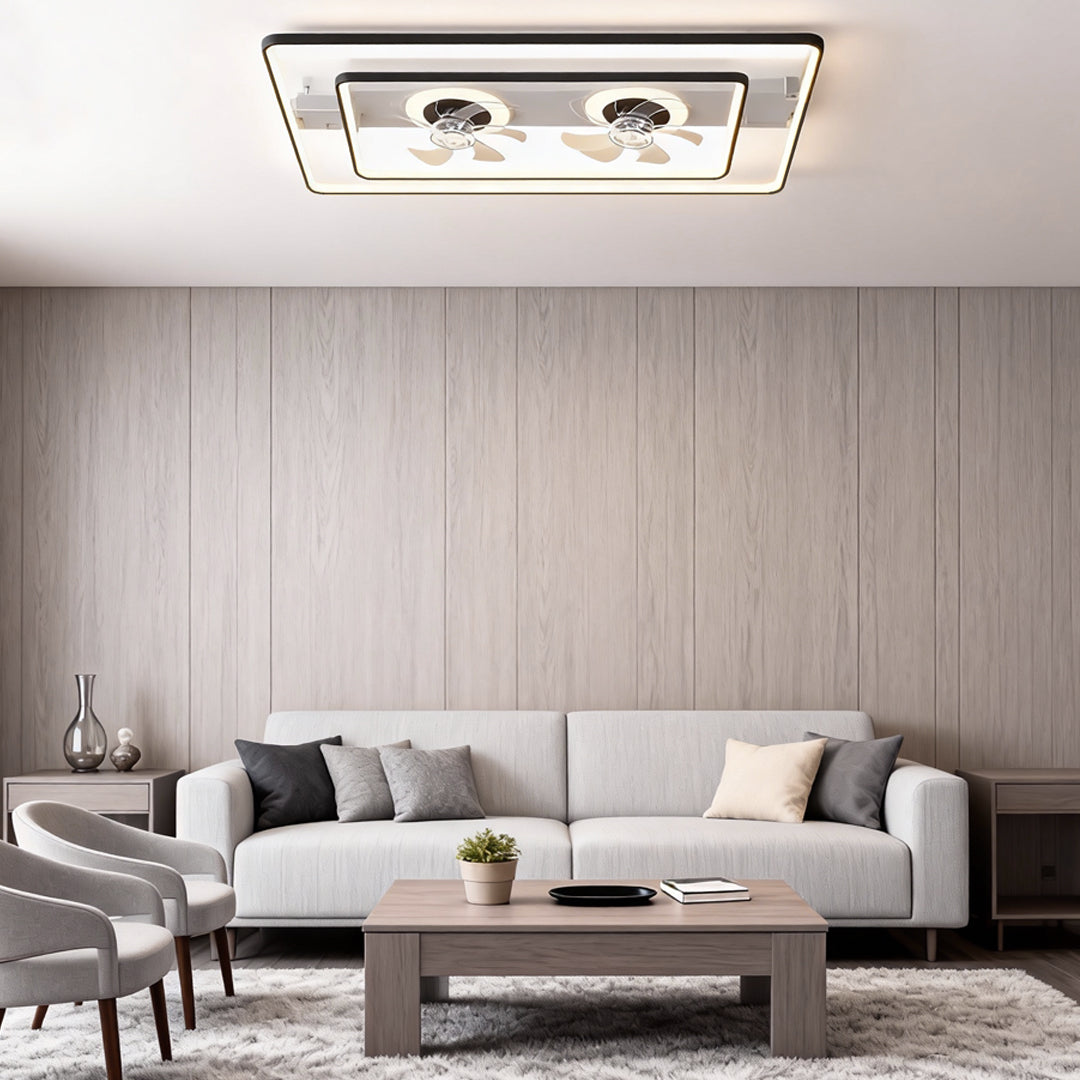 Dual Head Ceiling Fan with Light, Rectangular LED Transparent Blade Fan Lamp for Living and Dining Rooms, Black or Gold