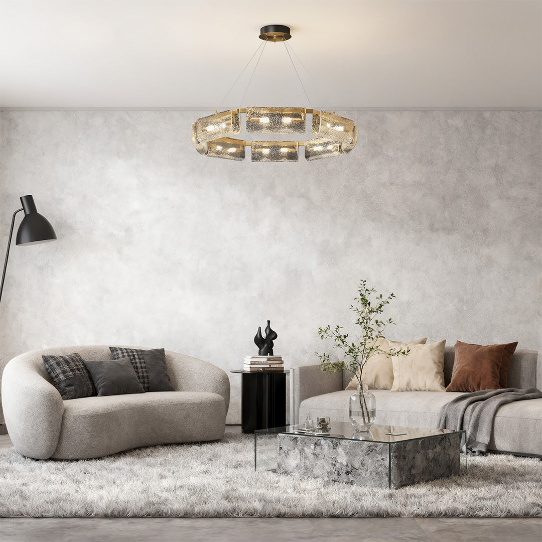 Glass panel chandelier in a cozy luxurious living room
